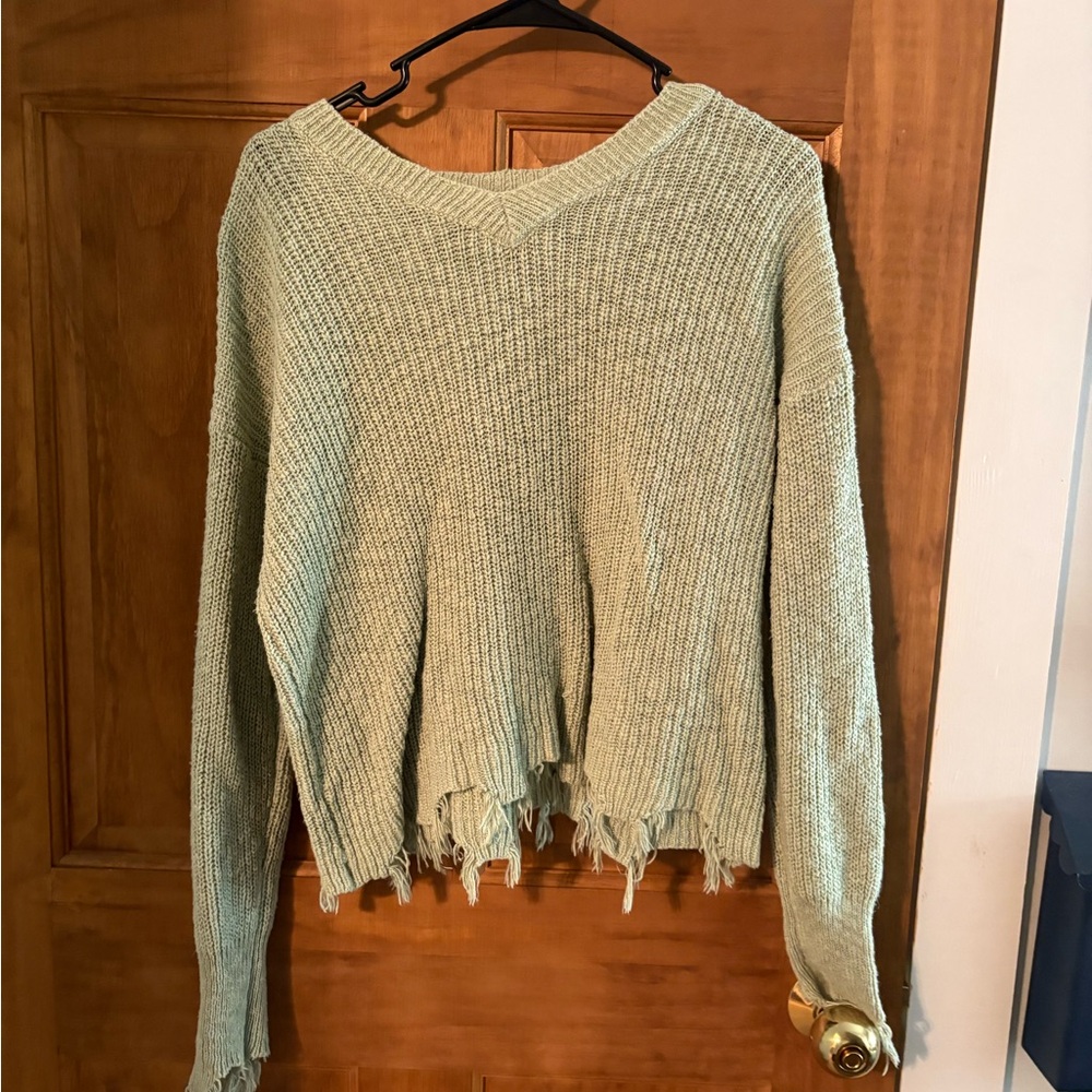 Distressed Knit Sweater in Light Green